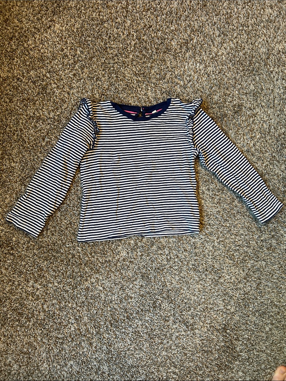 Mini Boden Navy & White Striped Long-Sleeve Tee with Ruffle Shoulders